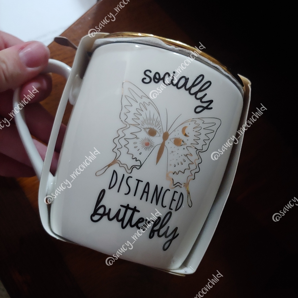 NEW coco + lola | gold ivory socially distanced butterfly tea + mug set